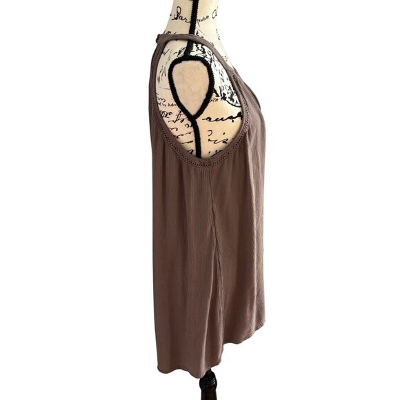 Torrid Women's Taupe Tunic Dress Sz 1 Sleeveless Keyhole Back Gauze Round Neck - Picture 6 of 9